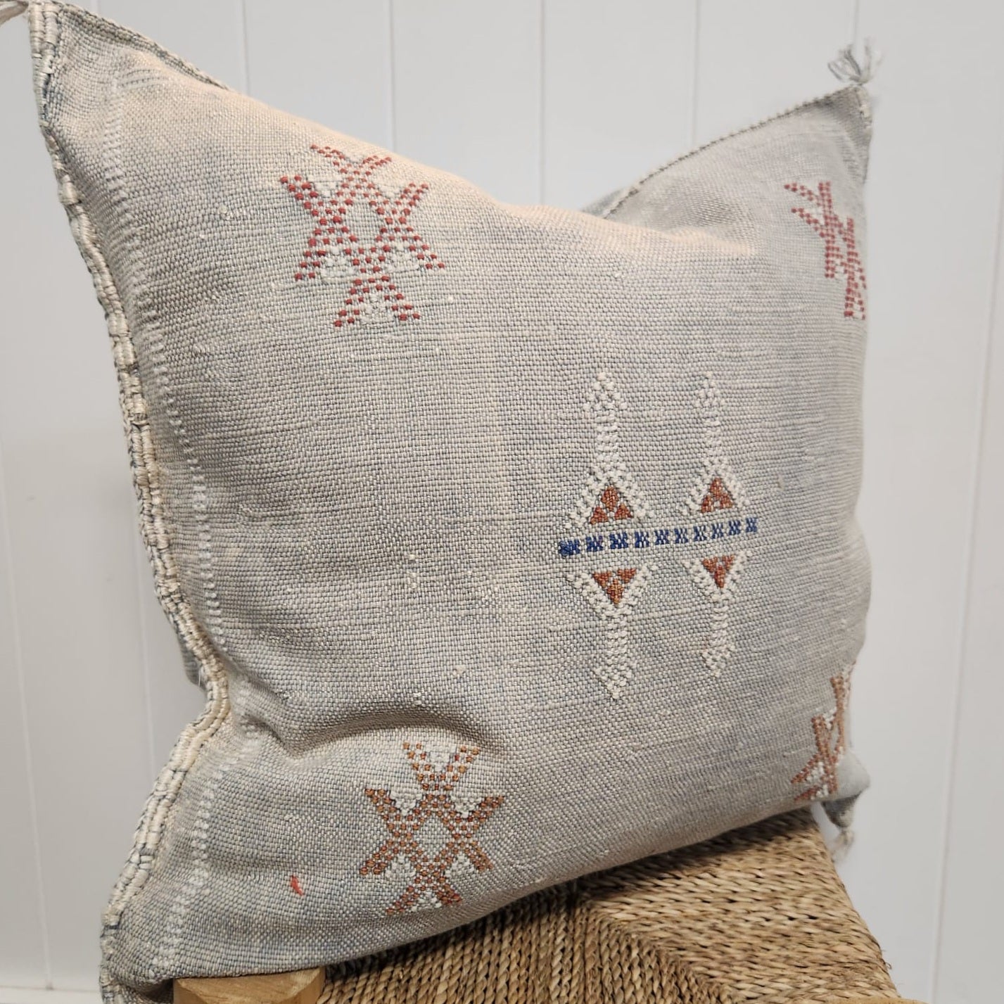 Cactus Silk Cushion // Grey, dark navy blue and dark pink stitching