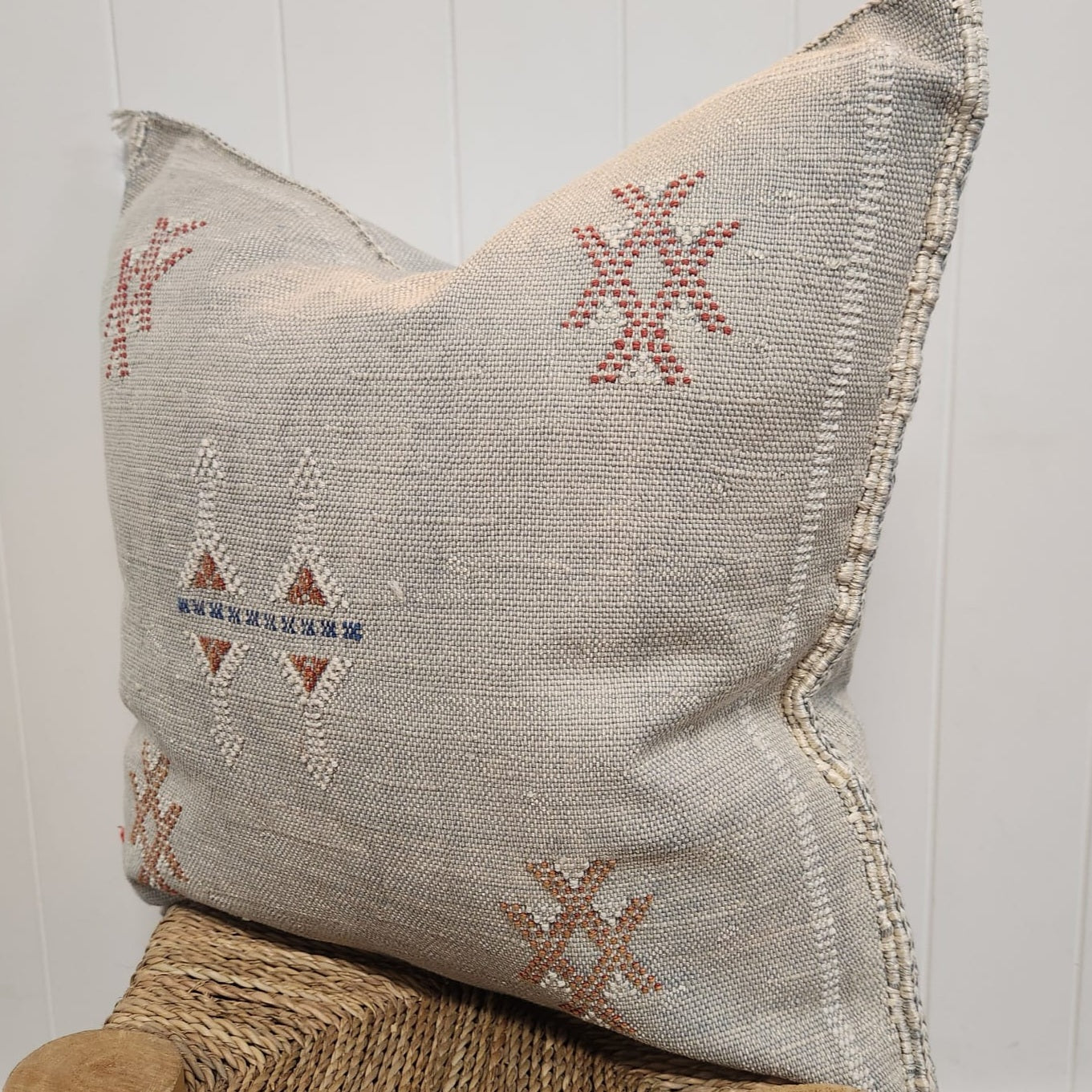 Cactus Silk Cushion // Grey, dark navy blue and dark pink stitching