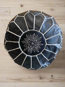 Moroccan Leather Pouffe // Black white stitching