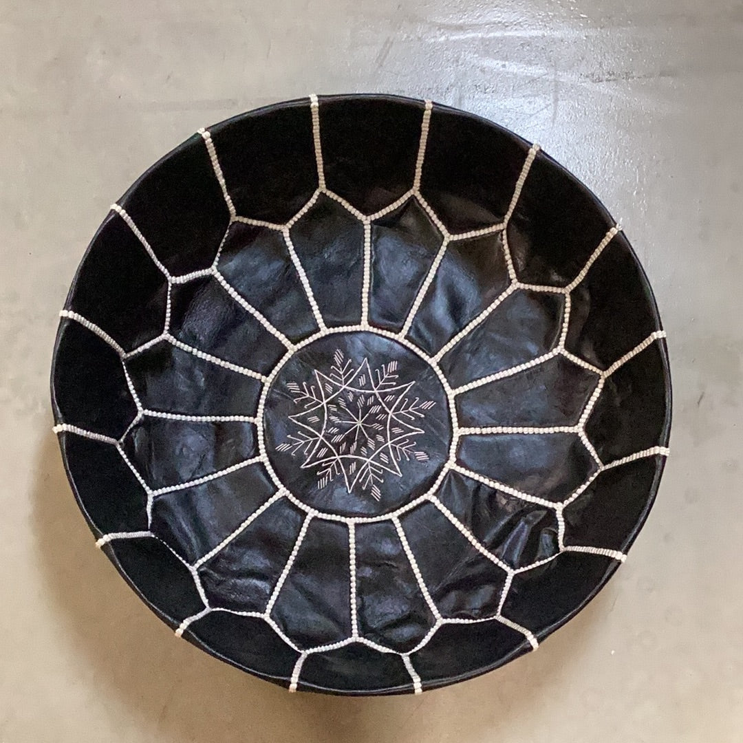 Moroccan Leather Pouffe // Black white stitching